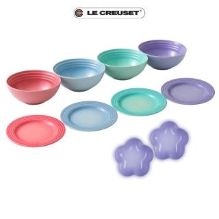 【Le Creuset】瓷器圓盤組17cm 4入+榖片碗組16cm 4入+花型盤-2入無紙盒(超值10入組)