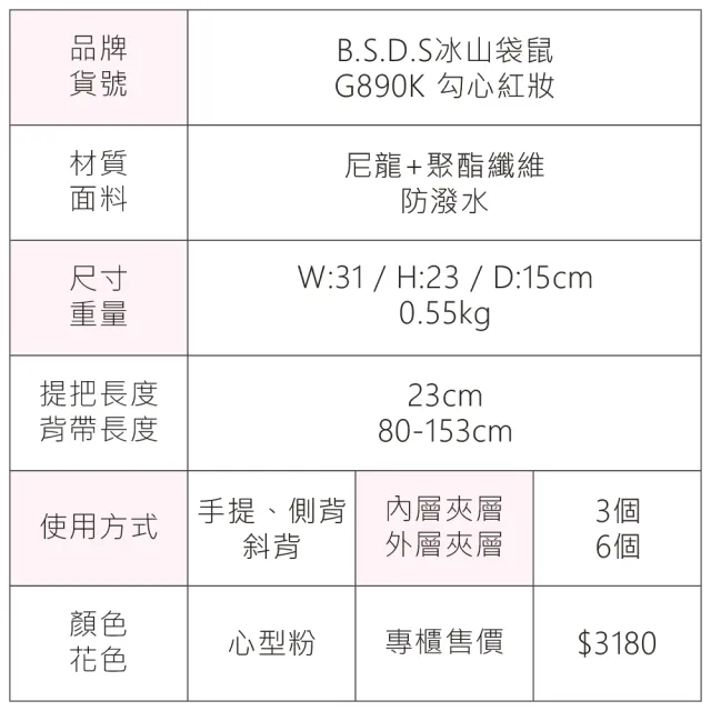 【冰山袋鼠】勾心紅妝 - 甜美刺繡多層兩用托特包 - 心型粉(G890K)