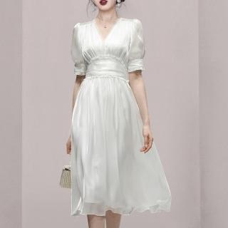 【Very Buy 非常勸敗】預購/夏季優雅浪漫復古V領泡泡袖荷葉邊花邊高腰顯瘦洋裝
