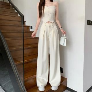【Very Buy 非常勸敗】預購/新中式盤釦不規則休閒兩件式套裝女裝夏季內衣上衣+直筒寬腿