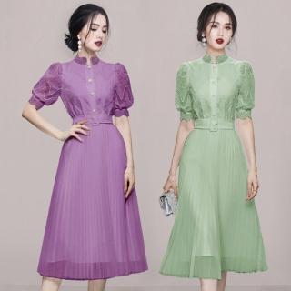 【Very Buy 非常勸敗】預購/國風立領氣質圓領泡泡袖百褶裙女裝夏季收腰顯瘦洋裝
