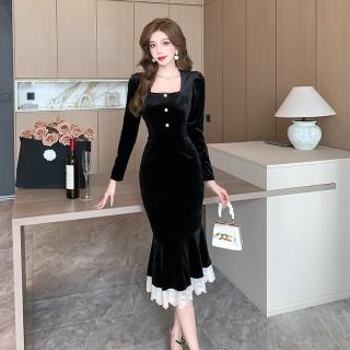 【Very Buy 非常勸敗】預購/歐美減齡黑色絲絨生日派對禮服裙女裝秋季顯瘦魚尾洋裝