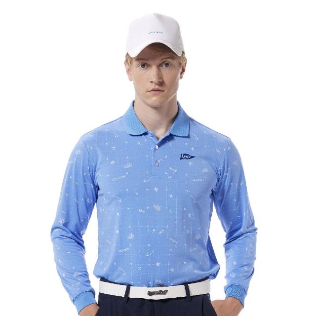 【Lynx Golf】男款吸濕排汗抗UV機能滿版線條俏皮印花長袖POLO衫/高爾夫球衫(藍紫色)