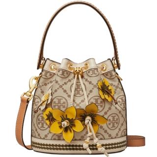 【TORY BURCH】專櫃款立體皮革花朵X焦糖滿版LOGO織紋布大款水桶包