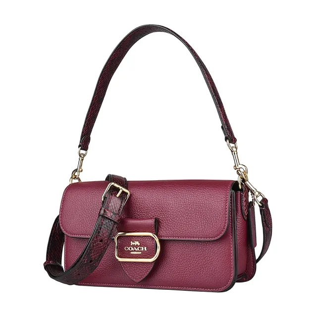 【COACH】COACH MORGAN方框LOGO釦式牛皮搭蛇紋肩背斜背包(酒紅)