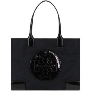 【TORY BURCH】專櫃款ELLA黑色尼龍漆皮圓形LOGO三層大款手提托特包