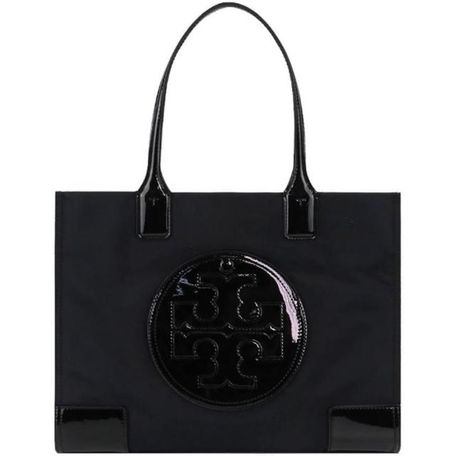 【TORY BURCH】專櫃款ELLA黑色尼龍漆皮圓形LOGO三層大款手提托特包
