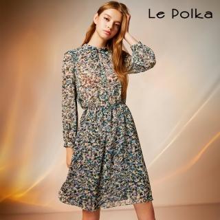 【Le Polka】彩點印花雪紡荷葉小立領洋裝-女