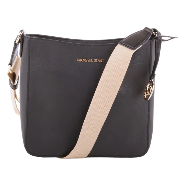 【Michael Kors】金字防刮PVC 卡其織帶直式斜背包(黑)
