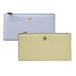 【TORY BURCH】TORY BURCH 經典LOGO牛皮荔枝紋薄對開拉鍊袋長夾 寶寶藍 鵝黃色(贈原廠紙袋母親節送禮)