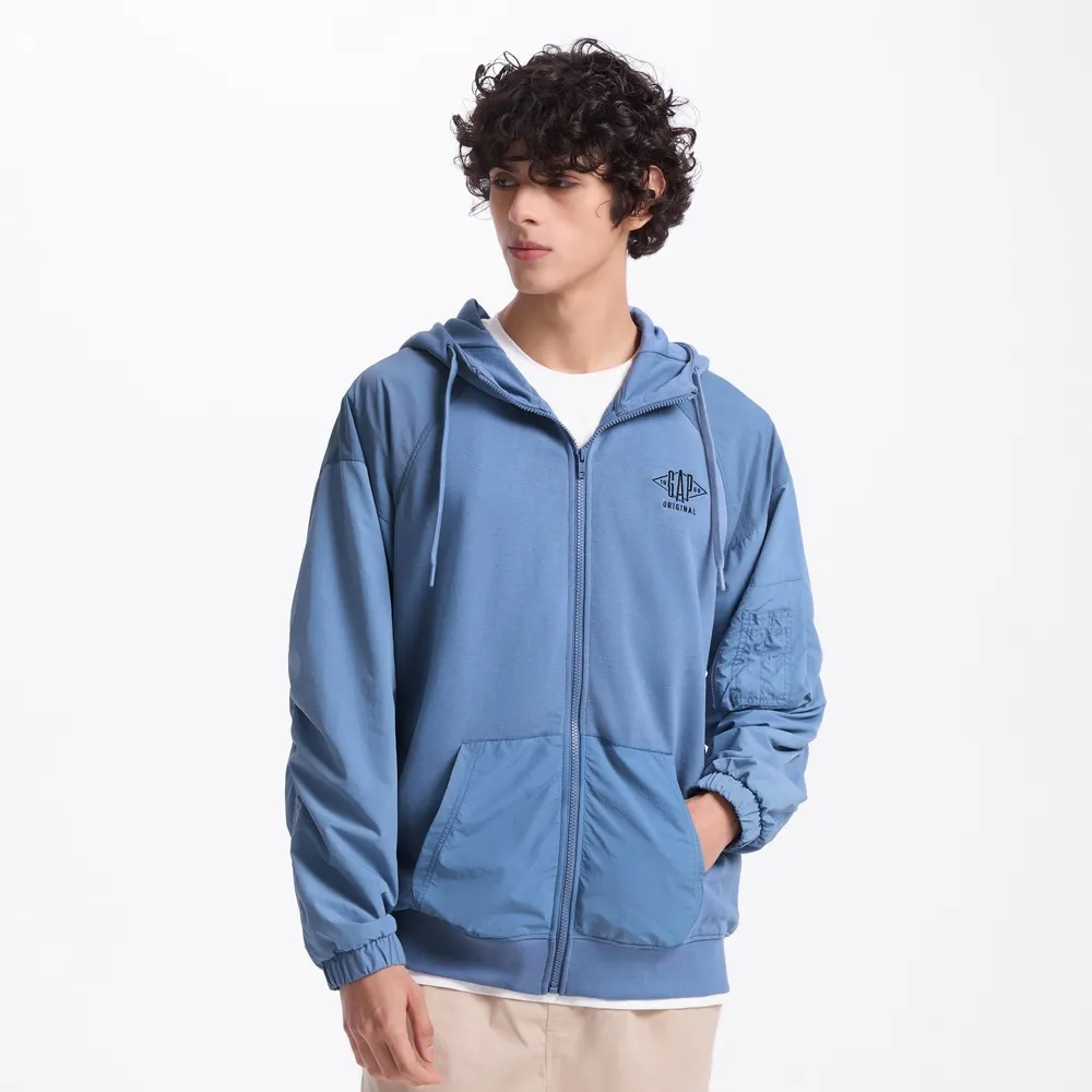 【GAP】男裝 Logo純棉刺繡連帽外套-藍色(637175)