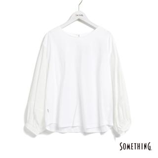 【SOMETHING】女裝 異材質泡泡袖薄長袖T恤(白色)