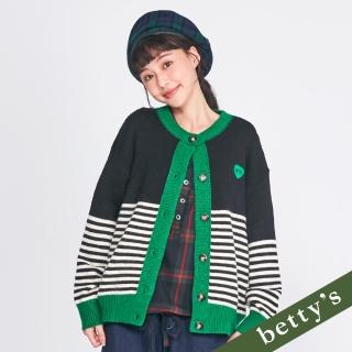 【betty’s 貝蒂思】愛心刺繡撞色條紋開襟毛衣(黑色)