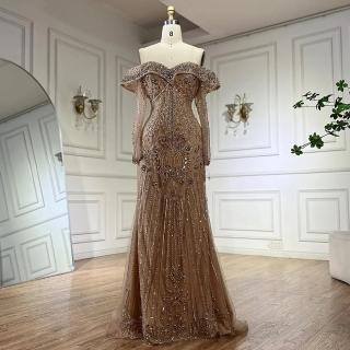 【女神婚紗禮服】極致復古奢華金邊串珠紗罩造型美肩魚尾晚禮服LA72397裸金色(派對婚宴晚會 拉鍊款晚禮服)