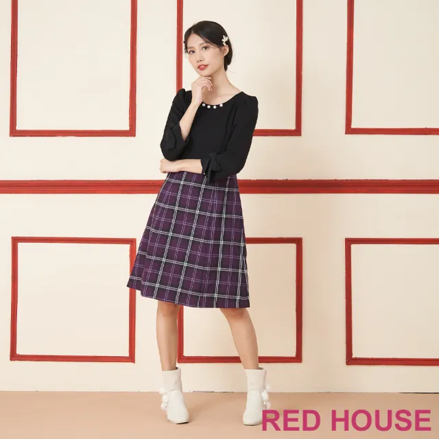 【RED HOUSE 蕾赫斯】珍珠點綴格紋剪接洋裝(紫色)