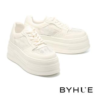 【BYHUE】優雅蕾絲拼接牛皮綁帶軟芯厚底休閒鞋(白)