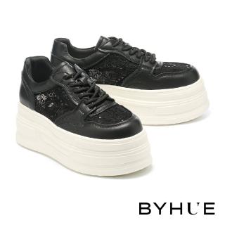 【BYHUE】優雅蕾絲拼接牛皮綁帶軟芯厚底休閒鞋(黑)