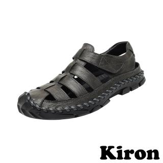【Kiron】厚底涼鞋 魔鬼粘涼鞋/復古手工縫線縷空編織魔鬼粘厚底涼鞋-男鞋(灰)