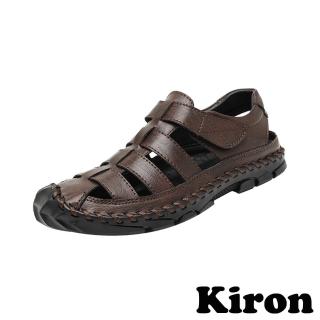 【Kiron】厚底涼鞋 魔鬼粘涼鞋/復古手工縫線縷空編織魔鬼粘厚底涼鞋-男鞋(棕)