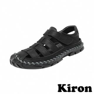 【Kiron】厚底涼鞋 魔鬼粘涼鞋/復古手工縫線縷空編織魔鬼粘厚底涼鞋-男鞋(黑)