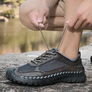 【MINE】真皮休閒鞋 戶外休閒鞋/真皮透氣網面拼接防滑透氣機能戶外休閒鞋-男鞋(灰)