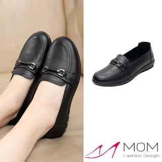 【MOM】真皮樂福鞋 一字樂福鞋/真皮頭層牛皮小圓頭一字釦設計舒適樂福鞋(黑)