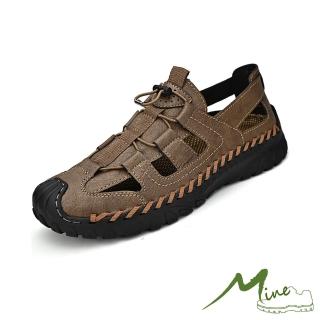 【MINE】真皮涼鞋 戶外涼鞋/真皮個性拼接手工縫線護趾包頭便利束帶戶外休閒涼鞋-男鞋(棕)