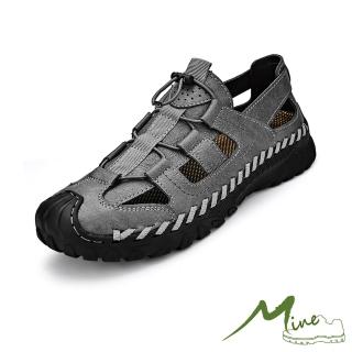 【MINE】真皮涼鞋 戶外涼鞋/真皮個性拼接手工縫線護趾包頭便利束帶戶外休閒涼鞋-男鞋(灰)
