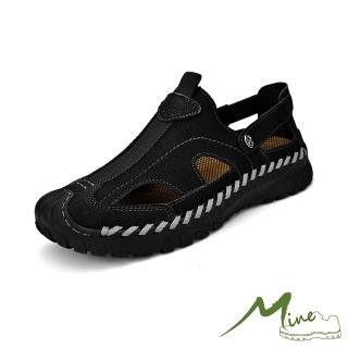 【MINE】真皮涼鞋 縷空涼鞋/真皮手工縫線百搭縷空設計休閒登山徒步涼鞋-男鞋(黑)