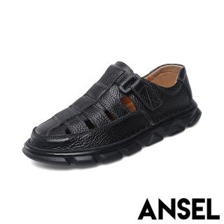 【ANSEL】真皮涼鞋 包頭涼鞋/真皮縷空線條復古搭釦休閒包頭涼鞋-男鞋(黑)