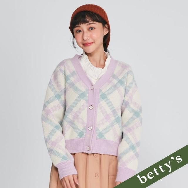 【betty’s 貝蒂思】短版撞色格紋V領開襟毛衣(紫色)