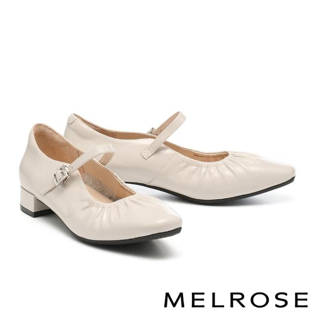 【MELROSE】雙11 美樂斯 氣質鑽釦全真皮瑪莉珍小方頭Q軟娃娃低跟鞋(灰)