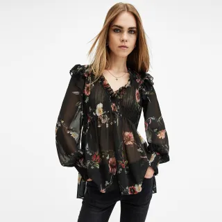 【ALLSAINTS】IRYNA 輕薄V領荷葉邊花卉造型上衣 W024PC(常規版型)