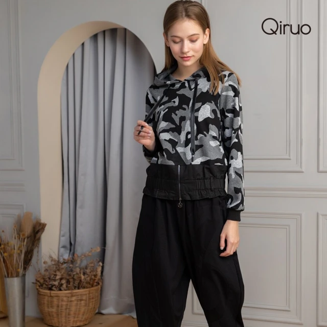 Qiruo 奇若名品 秋冬專櫃迷彩連帽上衣 3263A黑白灰帽T(M-2XL)