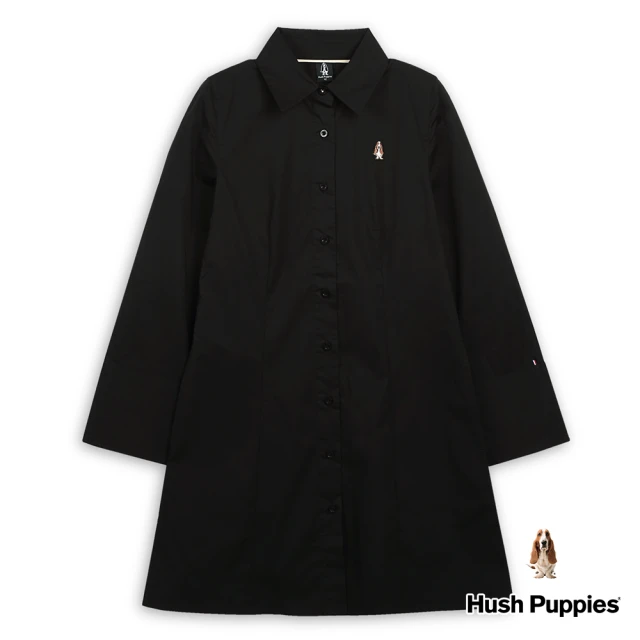 Hush Puppies 女裝 洋裝 素色修身開襟襯衫領洋裝(黑色 / 44215501)