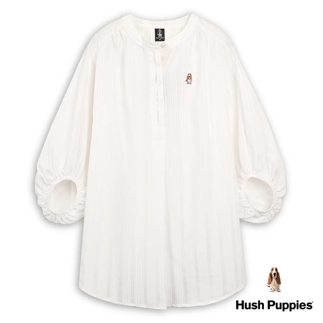 Hush Puppies 女裝 襯衫知性直條紋緹花泡泡袖寬鬆長版襯衫(米白 / 44212501)