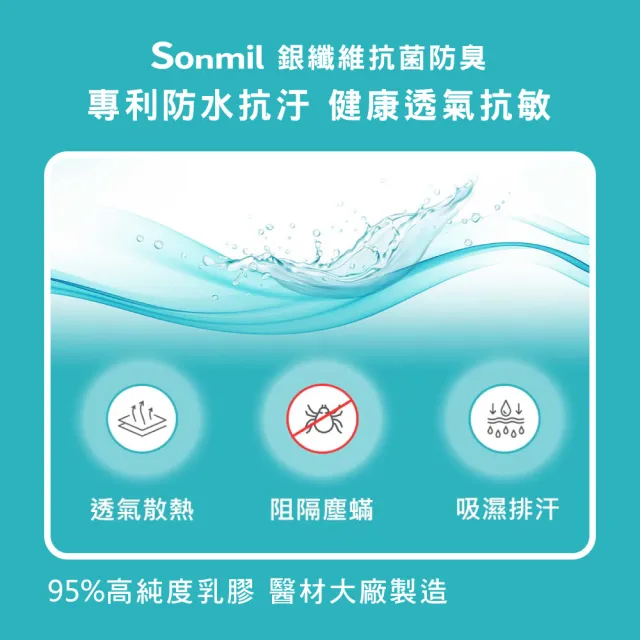 【sonmil】日本銀纖防水95%高純度乳膠床墊3.5尺15cm單人加大床墊 吸濕排汗防蹣(頂級先進醫材大廠)