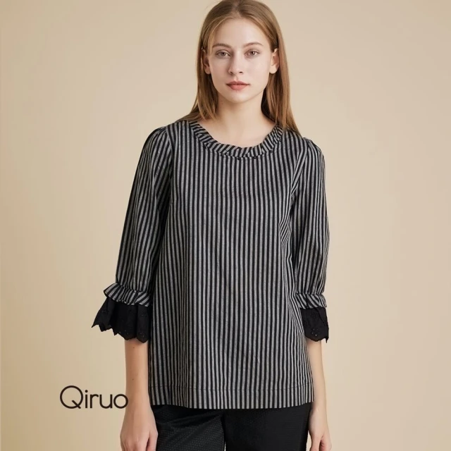 Qiruo 奇若名品 專櫃黑咖精品蕾絲上衣3256A蕾絲雙層袖(M-2XL)