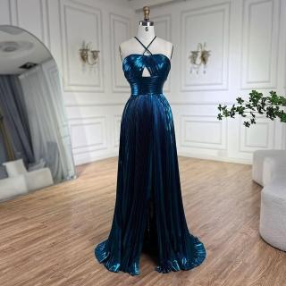 【女神婚紗禮服】輕奢時尚金屬感細肩帶掛脖美背小魚尾晚禮服LA72625孔雀藍(派對婚宴晚會 拉鍊款晚禮服)