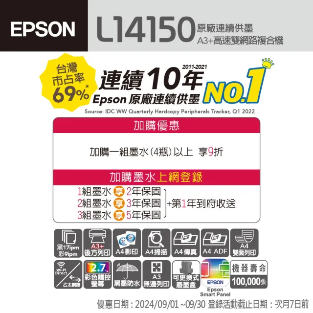 【EPSON】L14150 A3+高速雙網Wi-Fi智慧遙控連續供墨傳真複合機(滿版自動雙面列印/影印/掃描/傳真/黑墨防水)