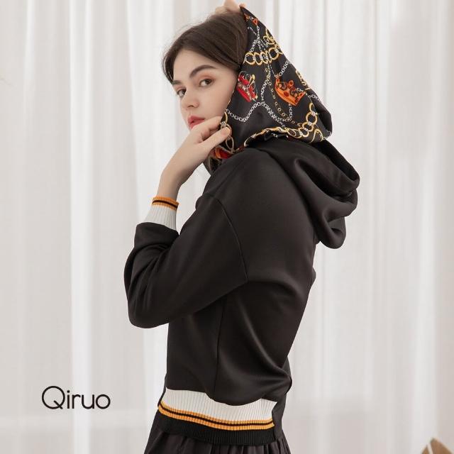 【Qiruo 奇若名品】秋冬專櫃黑色連帽上衣3229A 下圍大版鬆緊(M-2XL)