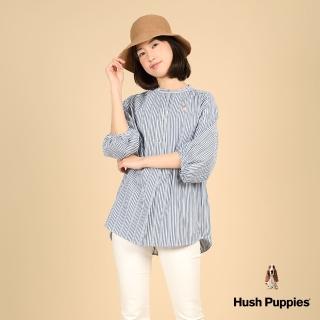 【Hush Puppies】女裝 襯衫知性直條紋緹花泡泡袖寬鬆長版襯衫(丈青 / 44212501)