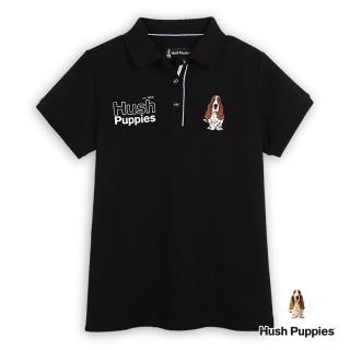 【Hush Puppies】女裝 POLO衫 經典品牌英文印花刺繡狗短袖POLO衫(黑色 / 44201102)