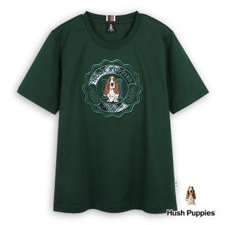 【Hush Puppies】男裝 T恤 經典學院風格紋品牌圖章刺繡狗T恤(深綠 / 44111102)