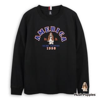 【Hush Puppies】男裝 T恤 立體毛巾繡文字經典刺繡狗長袖T恤(黑色 / 44111104)
