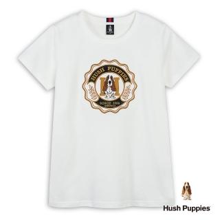 【Hush Puppies】女裝 T恤 經典學院風格紋品牌圖章刺繡狗T恤(米白 / 44211102)