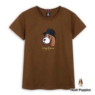 【Hush Puppies】女裝 T恤 素色Q版刺繡格紋漁夫帽狗短袖T恤(咖啡 / 44211107)