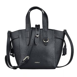 【FURLA 芙拉】FURLA NET LOGO釦式小牛皮手提斜背托特包(迷你/黑)