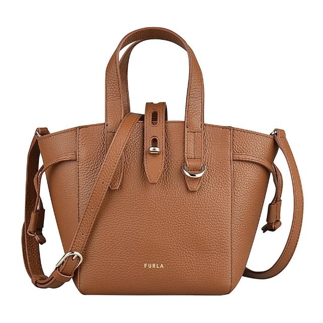 【FURLA 芙拉】FURLA NET LOGO釦式小牛皮手提斜背托特包(迷你/白蘭地棕)