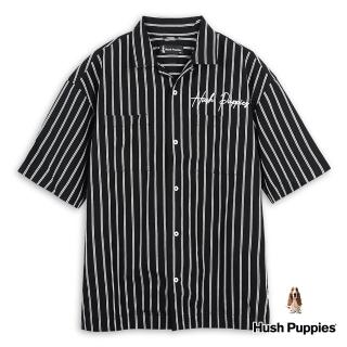 【Hush Puppies】男裝 襯衫 簡約直條紋草寫品牌文字刺繡古巴領寬版襯衫(丈青 / 44112501)